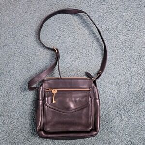 Fossil Black Pebbled Leather Crossbody Bag Messenger Multi Pocket Brass Key